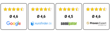 Reviews: 4.6 stars on Google; 4.6 stars on kursfinder; 4.5 stars on semigator; 4.6 stars on ProvenExperts